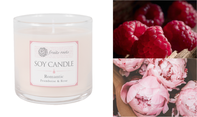 ROMANTICアロマソイキャンドル 150g 5,500 円（税込）フランボワーズ&ローズ／こんな方にオススメ　女性らしい華やかな香り。優雅な気持ちに導きます。