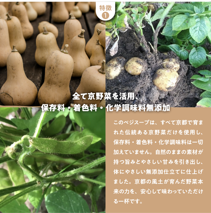 特徴1:全て京野菜を活用、保存料・着色料・化学調味料無添加／このベジスープは、すべて京都で育まれた伝統ある京野菜だけを使用し、保存料・着色料・化学調味料は一切加えていません。自然のままの素材が持つ旨みとやさしい甘みを引き出し、体にやさしい無添加仕立てに仕上げました。京都の風土が育んだ野菜本来の力を、安心して味わっていただける一杯です。
